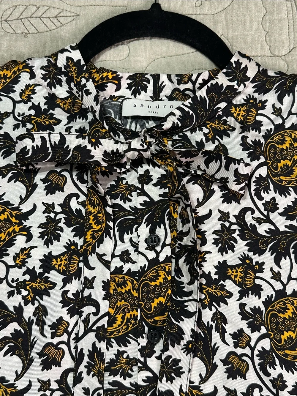 Sandro Dams Silk Twill Bow Shirt White Print NWT Size 4 (US 10)